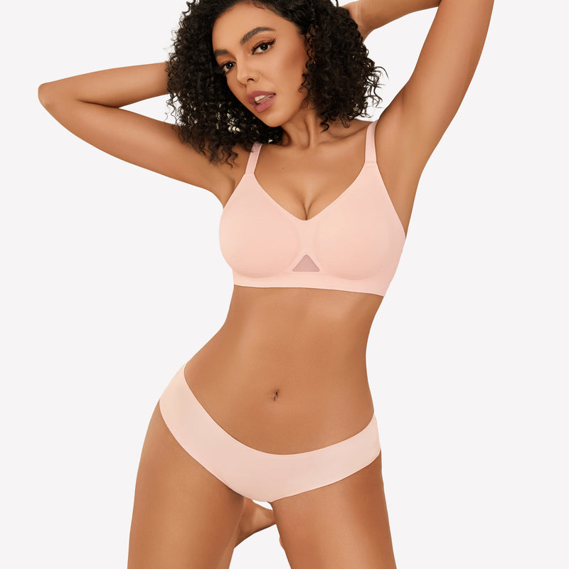 Light pink seamless wireless bra and panties set, soft support, full coverage, comfortable lingerie