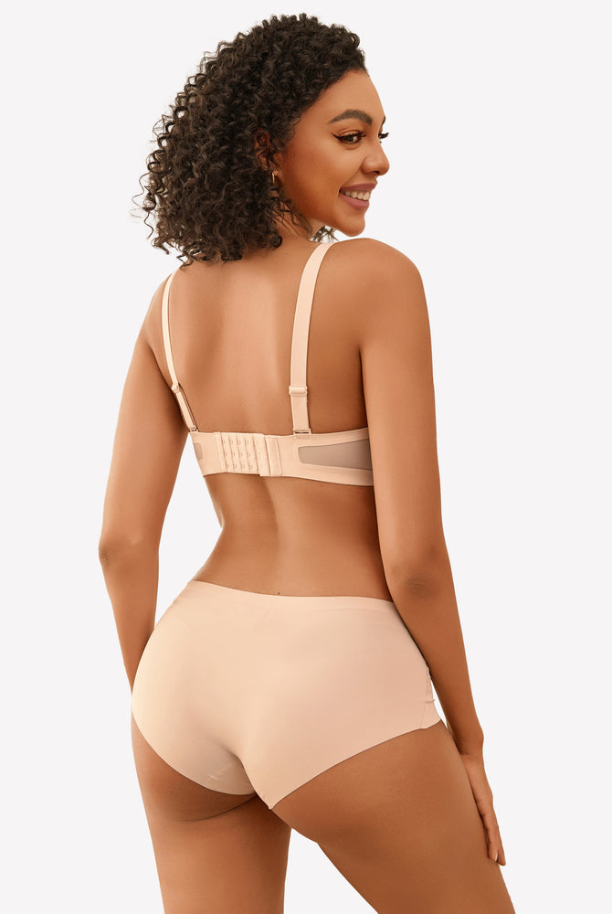 Beige seamless wireless bra and underwear set, full coverage, soft support, comfortable lingerie