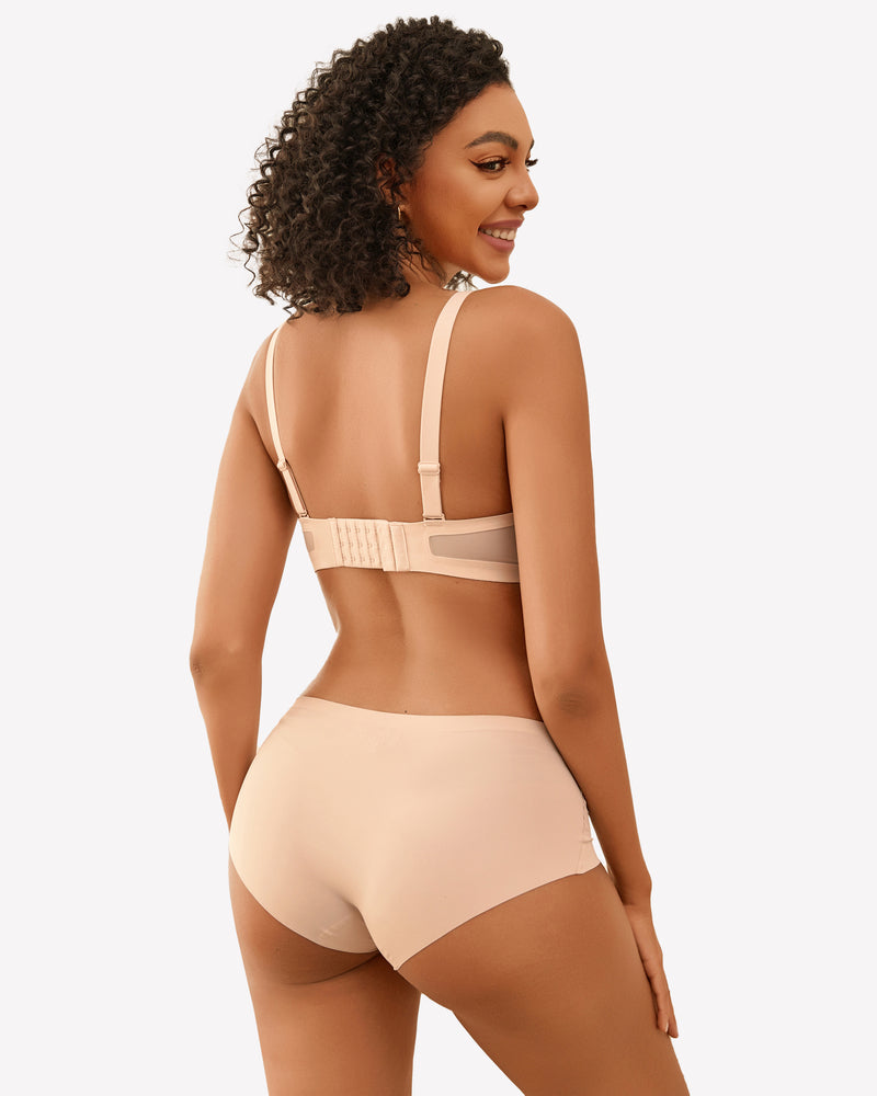 Beige seamless wireless bra and underwear set, full coverage, soft support, comfortable lingerie