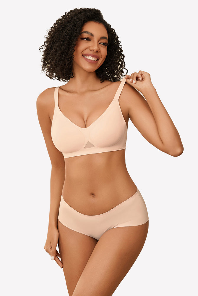 Peach seamless wireless bra set, full coverage, soft support, comfortable lingerie.