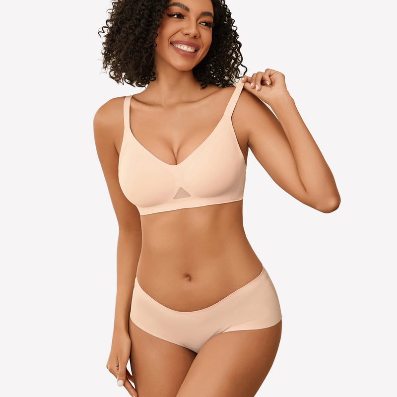 Peach seamless wireless bra set, full coverage, soft support, comfortable lingerie.