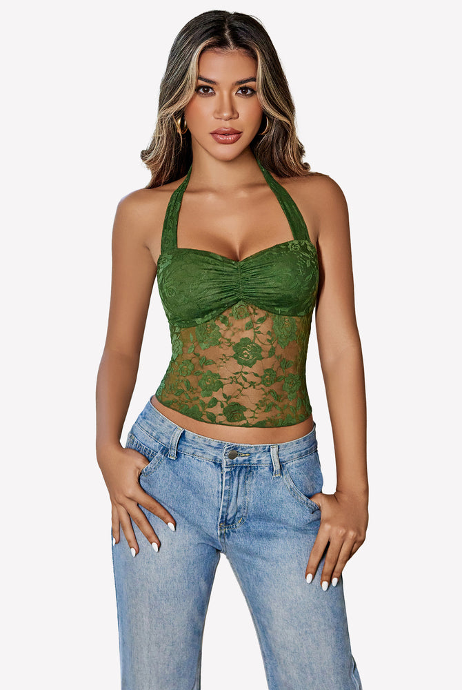 Green lace Y2K halter top. Featuring ruched neck and open back design. A fashionable choice.