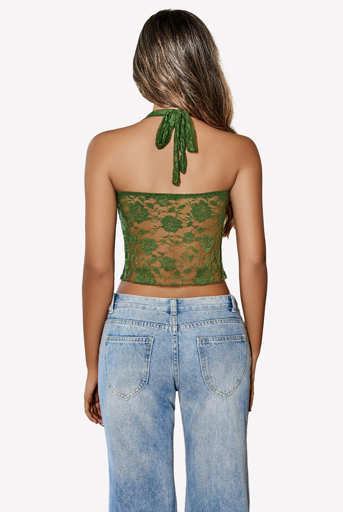 Green lace Y2K halter top with open back design. Comfortable and fashionable.
