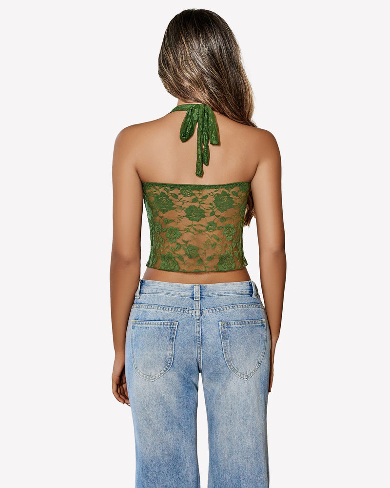 Green lace Y2K halter top with open back design. Comfortable and fashionable.