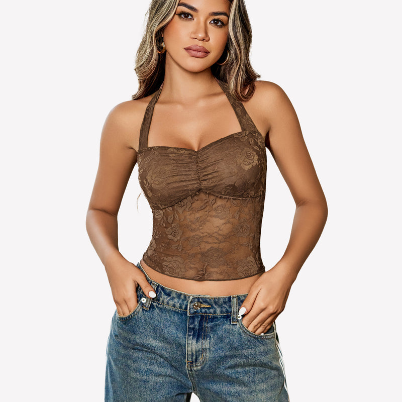 Brown lace Y2K halter top with ruched neckline and jeans. Comfortable and fashionable.