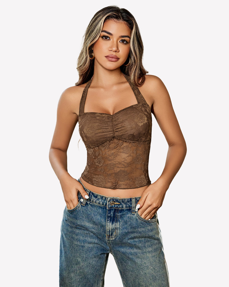 Brown lace Y2K halter top with ruched neckline and jeans. Comfortable and fashionable.