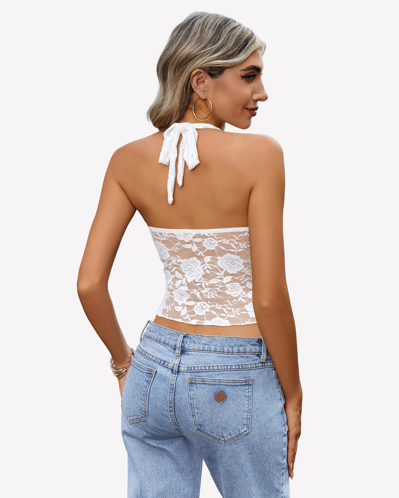 White lace Y2K halter top with open back design, paired with jeans. Fashionable and comfortable.