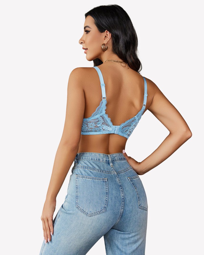 Light blue lace push-up bralette with underwire, adjustable straps, V-neckline.