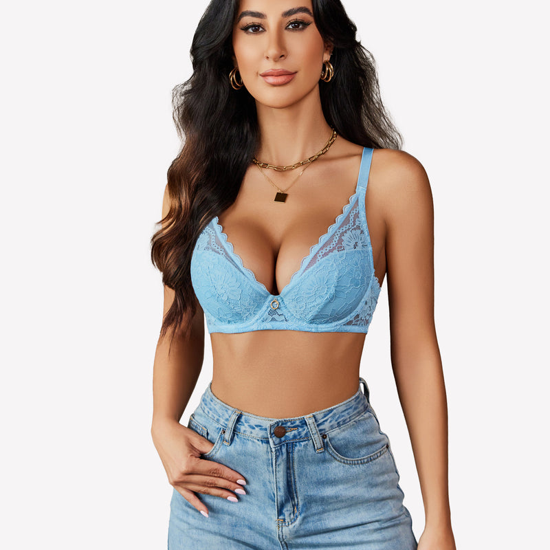 Light blue lace push-up bralette with underwire, V-neckline, and adjustable straps.
