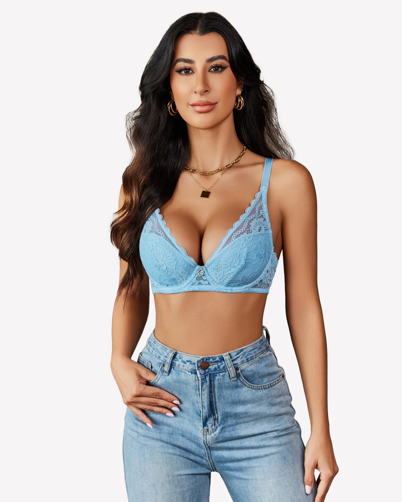 Light blue lace push-up bralette with underwire, V-neckline, and adjustable straps.