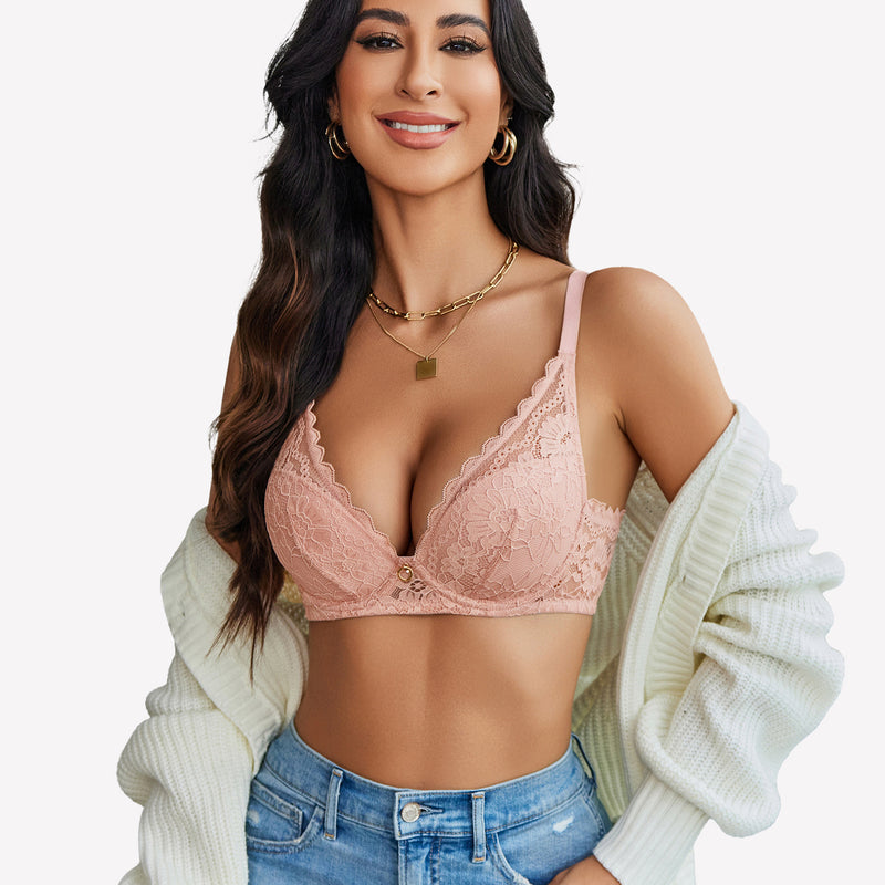Pink lace push-up bralette with underwire, V-neckline, and adjustable straps