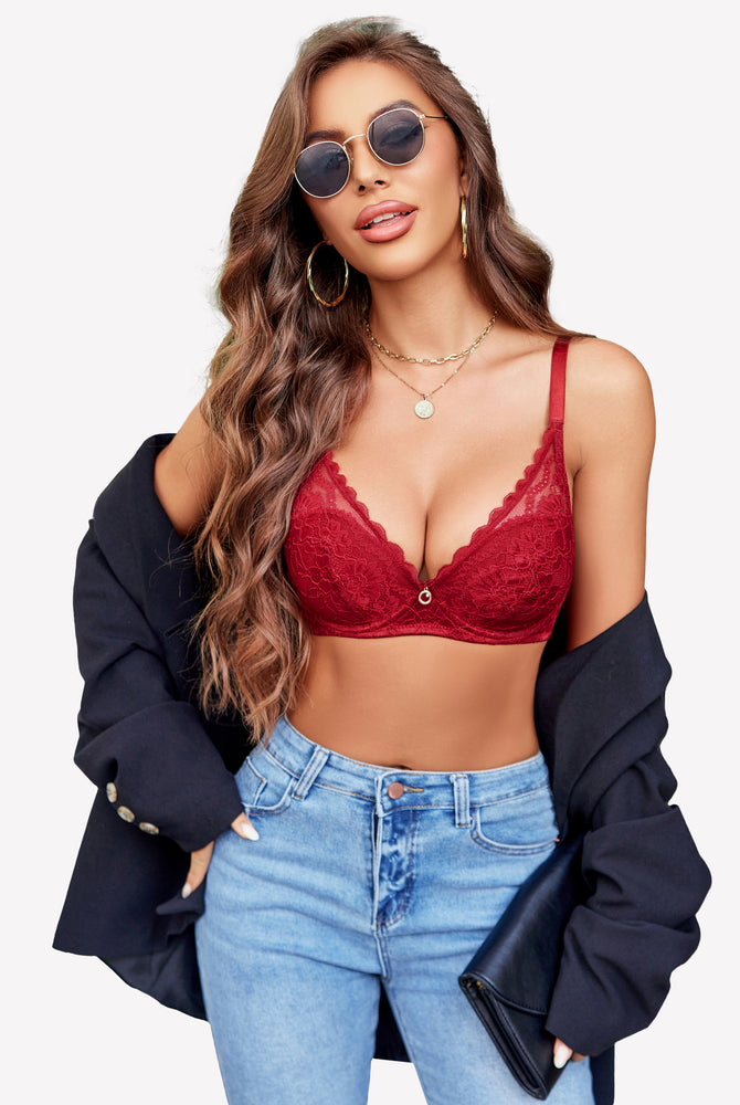 Red lace push-up bralette with underwire, V-neckline, and adjustable straps, enhancing the figure.