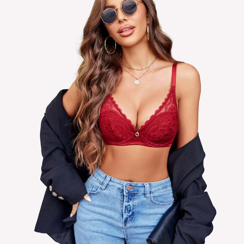 Red lace push-up bralette with underwire, V-neckline, and adjustable straps, enhancing the figure.