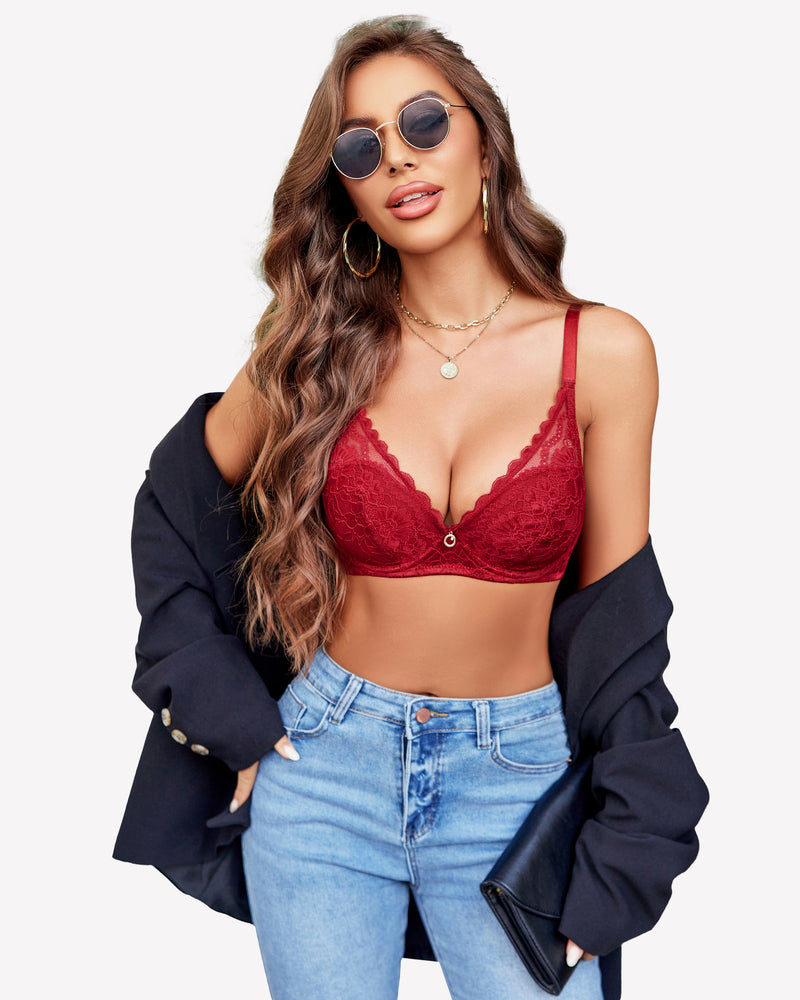 Red lace push-up bralette with underwire, V-neckline, and adjustable straps, enhancing the figure.