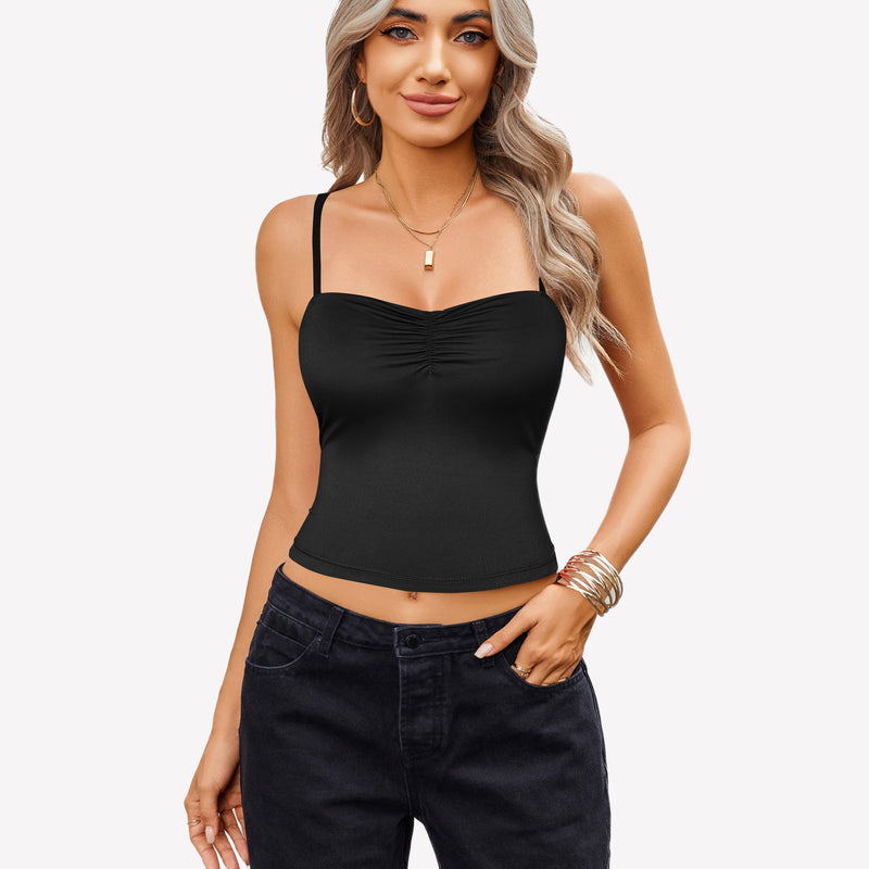 Black camisole crop top with ruched design, paired with black jeans, perfect for cute outfits.