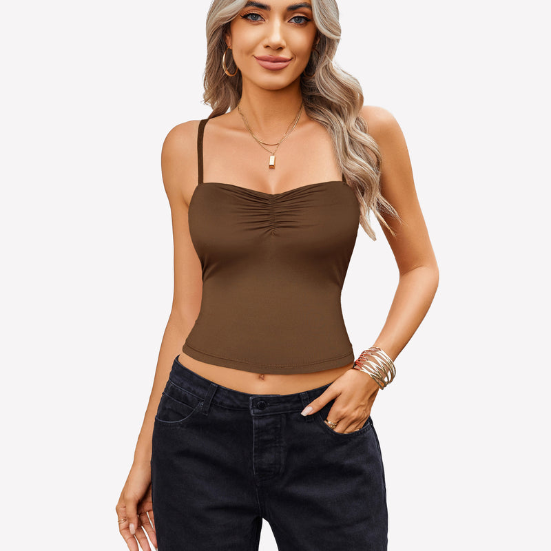 Brown ruched camisole crop top with adjustable straps, paired with black jeans, a cute outfit.