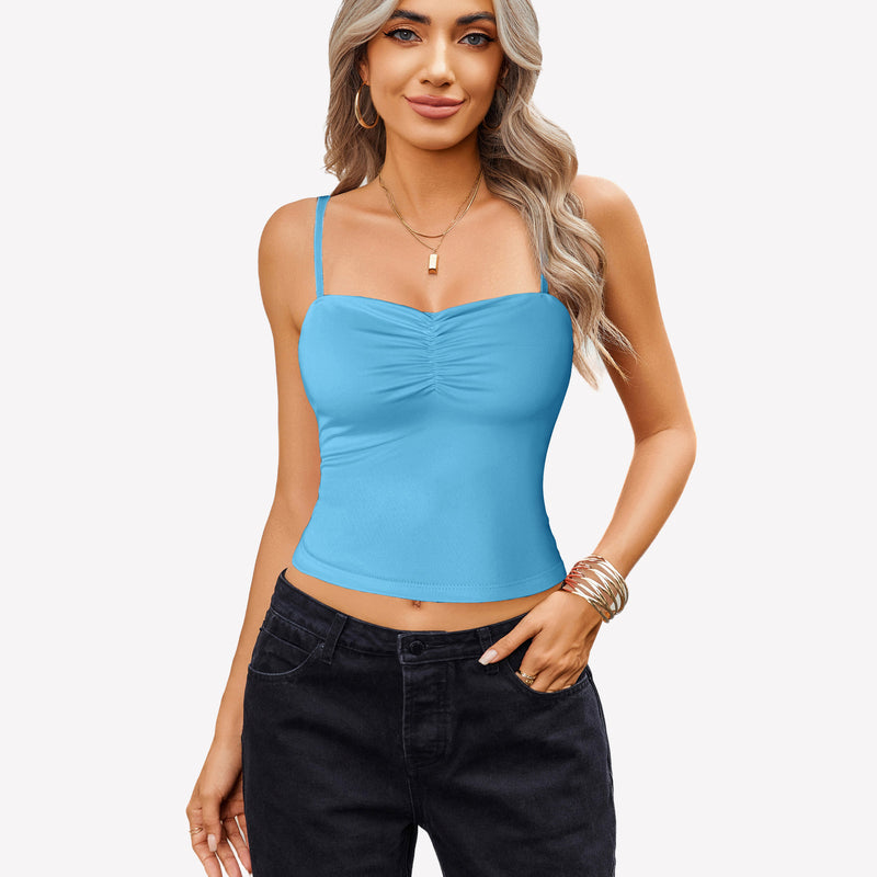 Light blue ruched camisole crop top with black jeans, a cute outfit for women