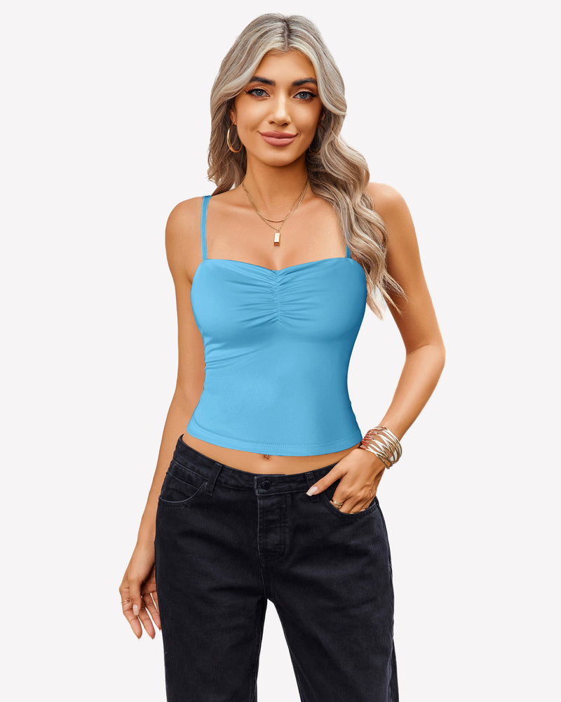 Light blue ruched camisole crop top with black jeans, a cute outfit for women