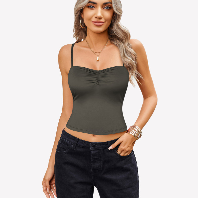 Dark green ruched camisole crop top with black jeans, a cute outfit for women