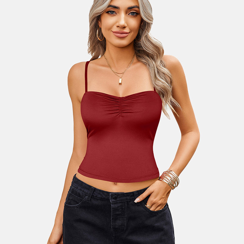 Burgundy ruched camisole crop top with black jeans, a cute outfit for women