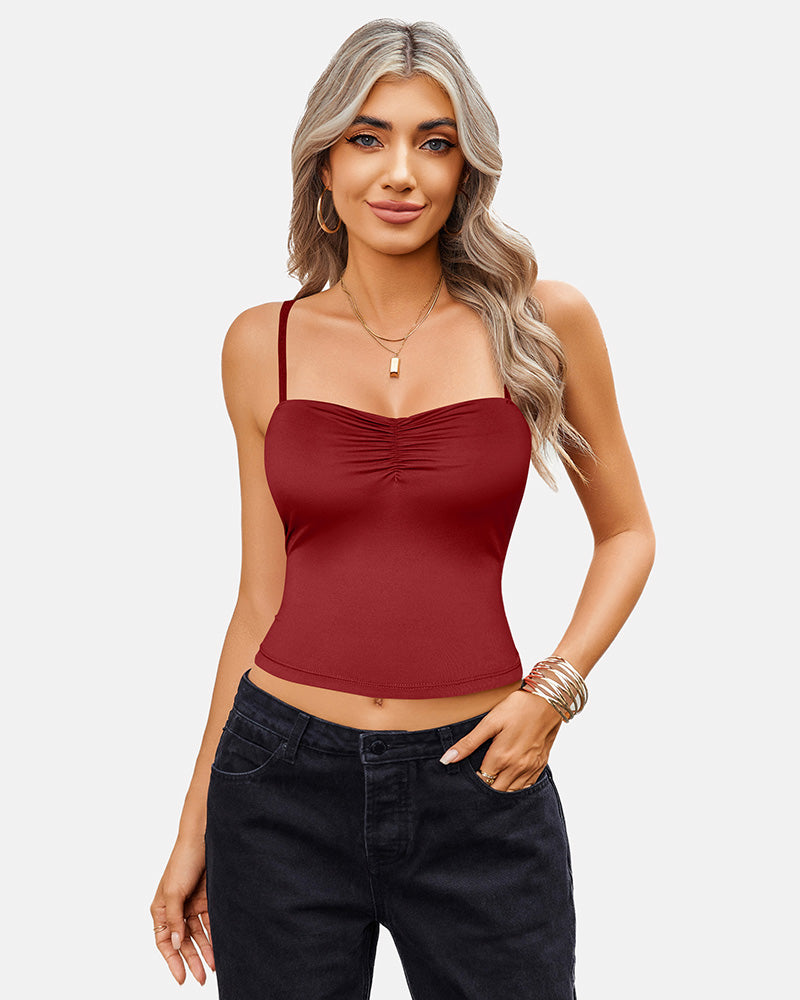 Burgundy ruched camisole crop top with black jeans, a cute outfit for women