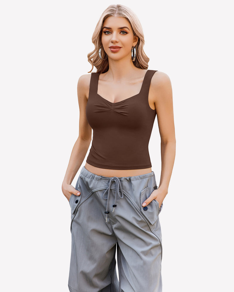 Brown crop tank top with sweetheart neckline and ruched bust