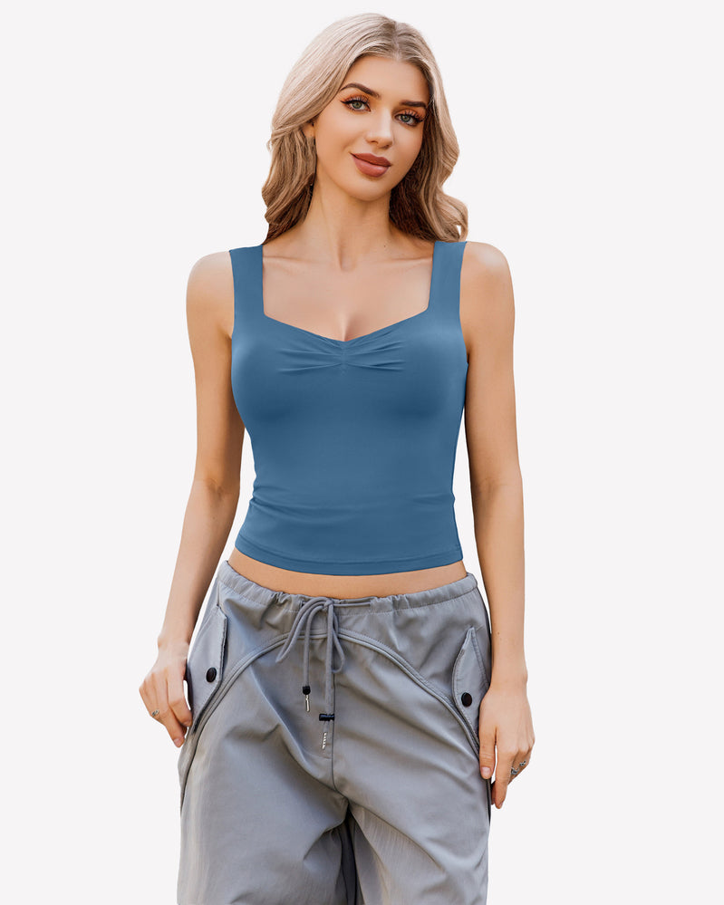 Dark blue crop tank top with sweetheart neckline and ruched bust