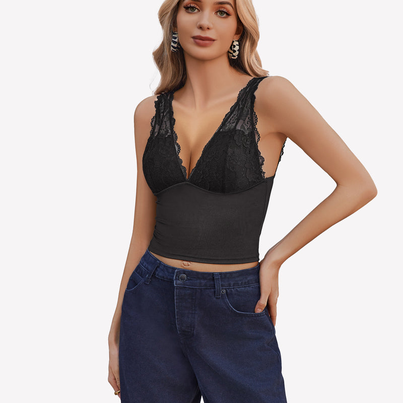 Black lace tank top with plunging v-neck, creating an attractive look.