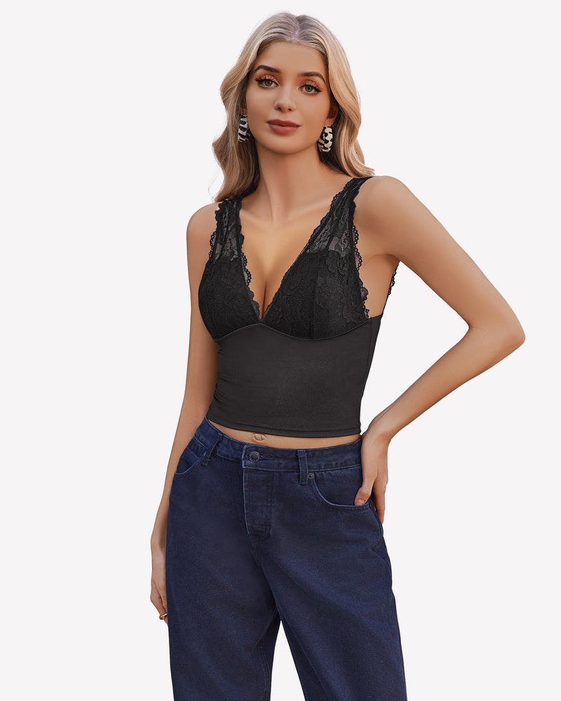 Black lace tank top with plunging v-neck, creating an attractive look.