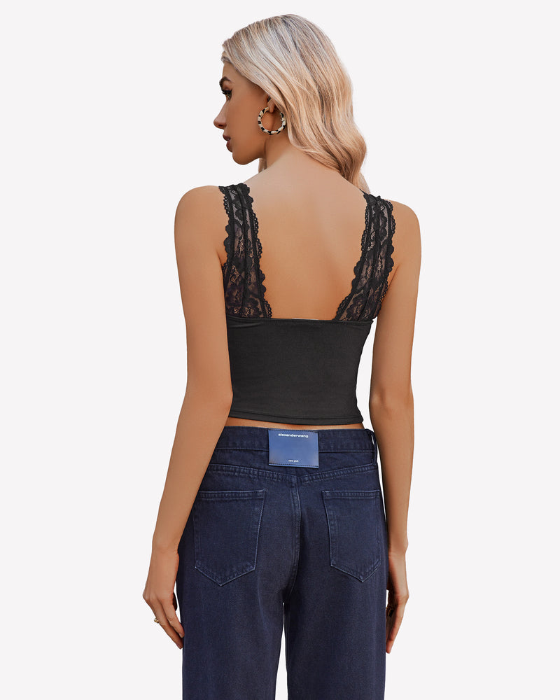 Black lace Y2k tank top with wide straps, creating an attractive look. Perfect for going out.