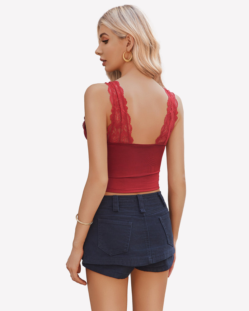Red lace Y2k tank top with wide straps and denim shorts, perfect for going out.