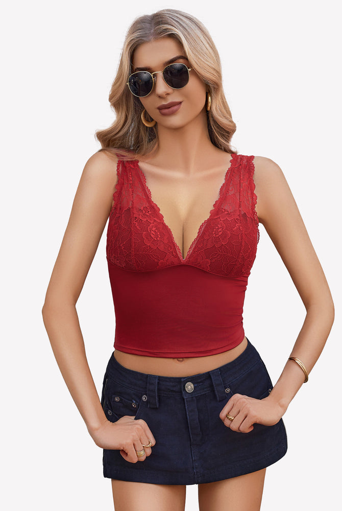 Red lace Y2k tank top with plunging v-neck, perfect for going out, styled with a denim skirt.