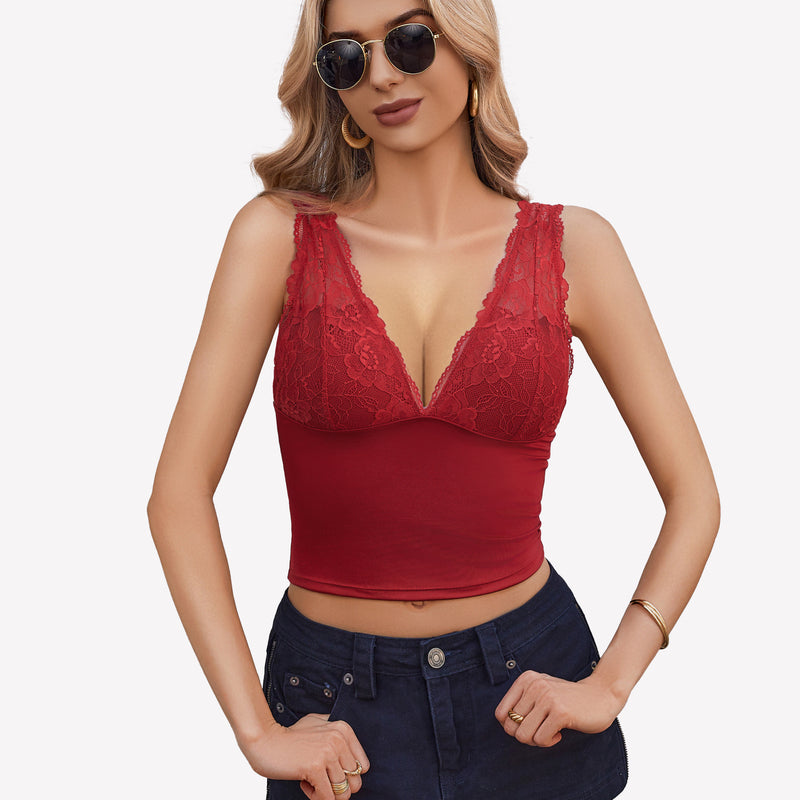 Red lace Y2k tank top with plunging v-neck, perfect for going out, styled with a denim skirt.