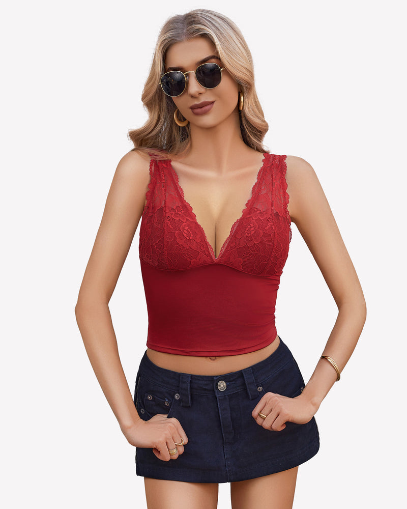 Red lace Y2k tank top with plunging v-neck, perfect for going out, styled with a denim skirt.