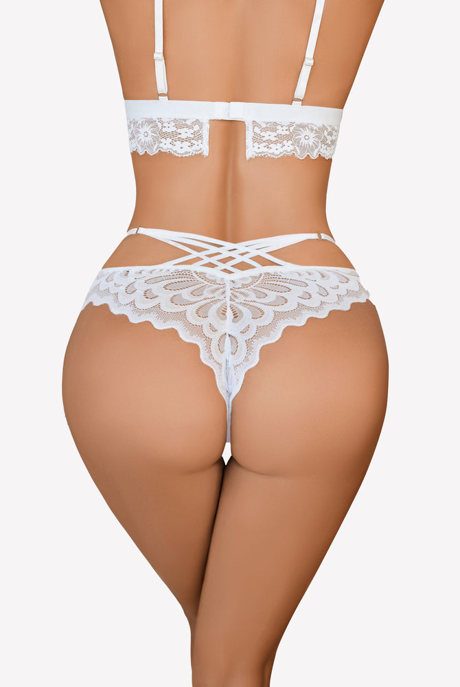 White lace thong panties and bralette set with criss-cross back design. Sexy lingerie for women.