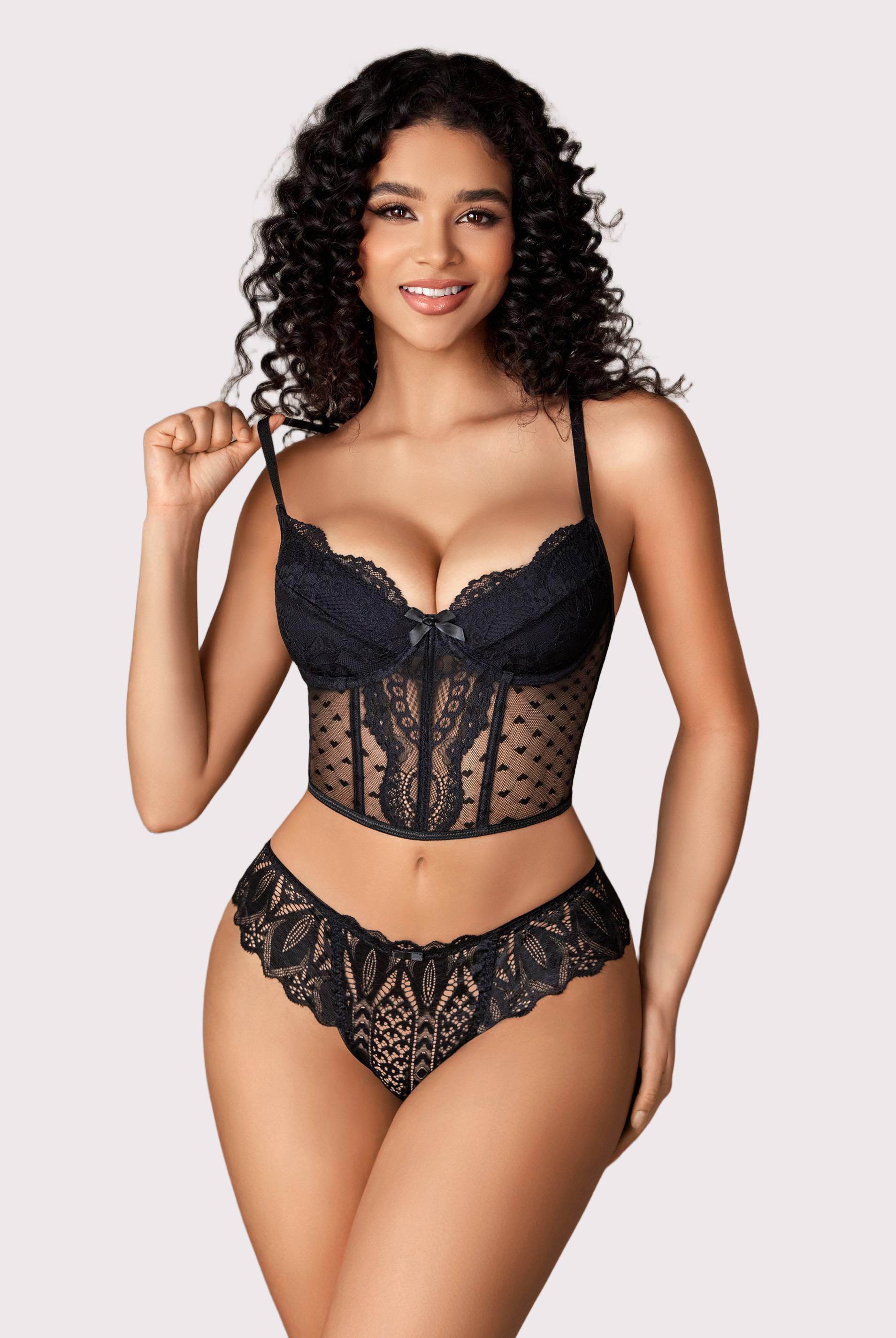 Black lace thong and corset lingerie, low waist, cross-back design, sexy Avidlove