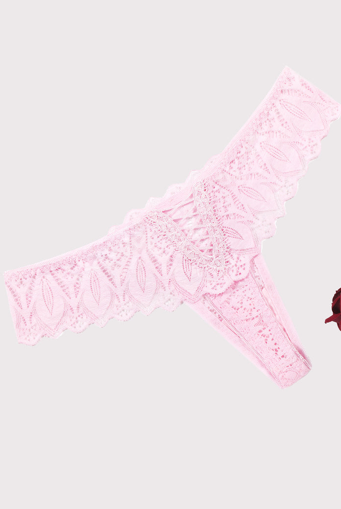 Pink lace thong underwear with low waist and cross back design. Sexy and elegant lingerie.