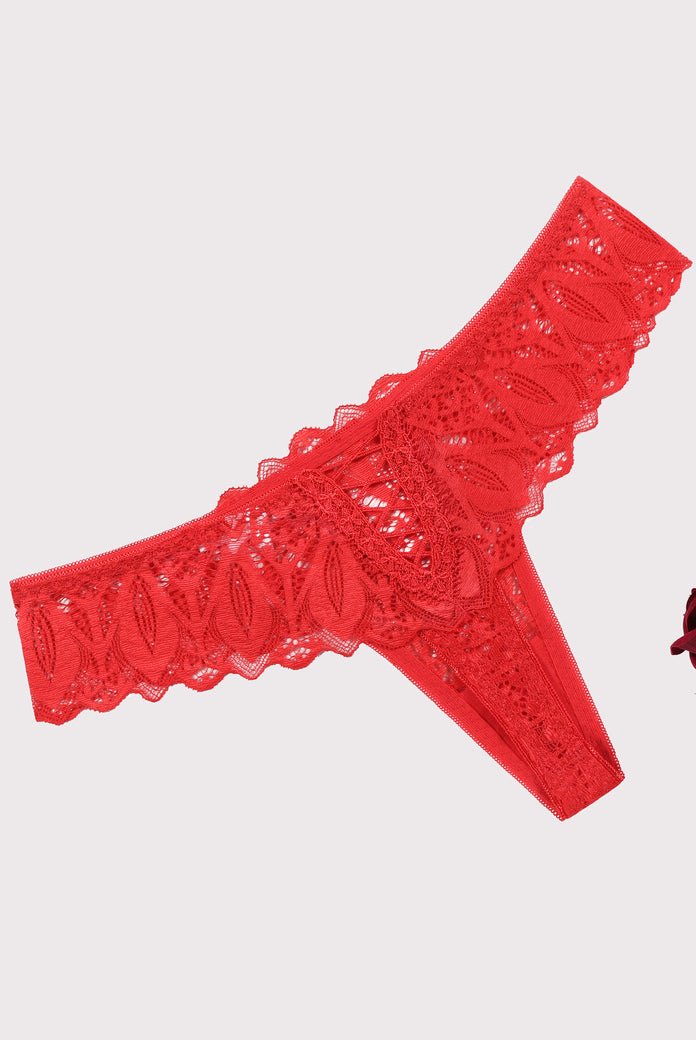 Red lace thong underwear with low waist and cross-back design. Sexy and elegant lingerie.