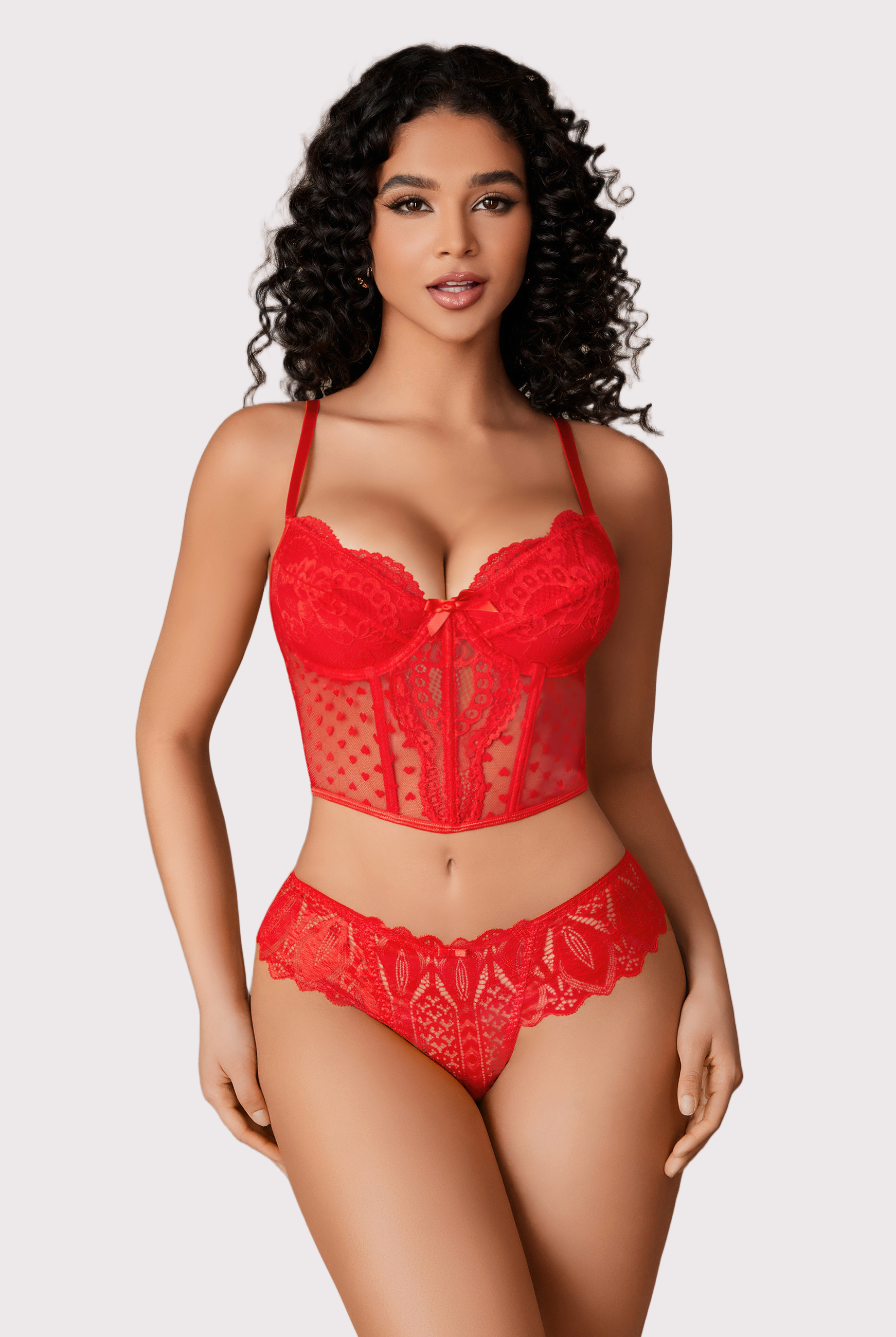 Red lace lingerie set. Low waist, cross-back design. Sexy and elegant Avidlove lingerie.