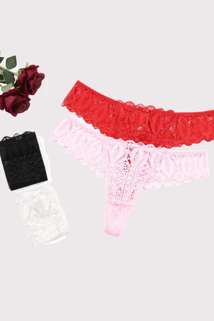 Lace thongs in red, pink, black, and white. Low waist, cross-back design. Sexy lingerie.