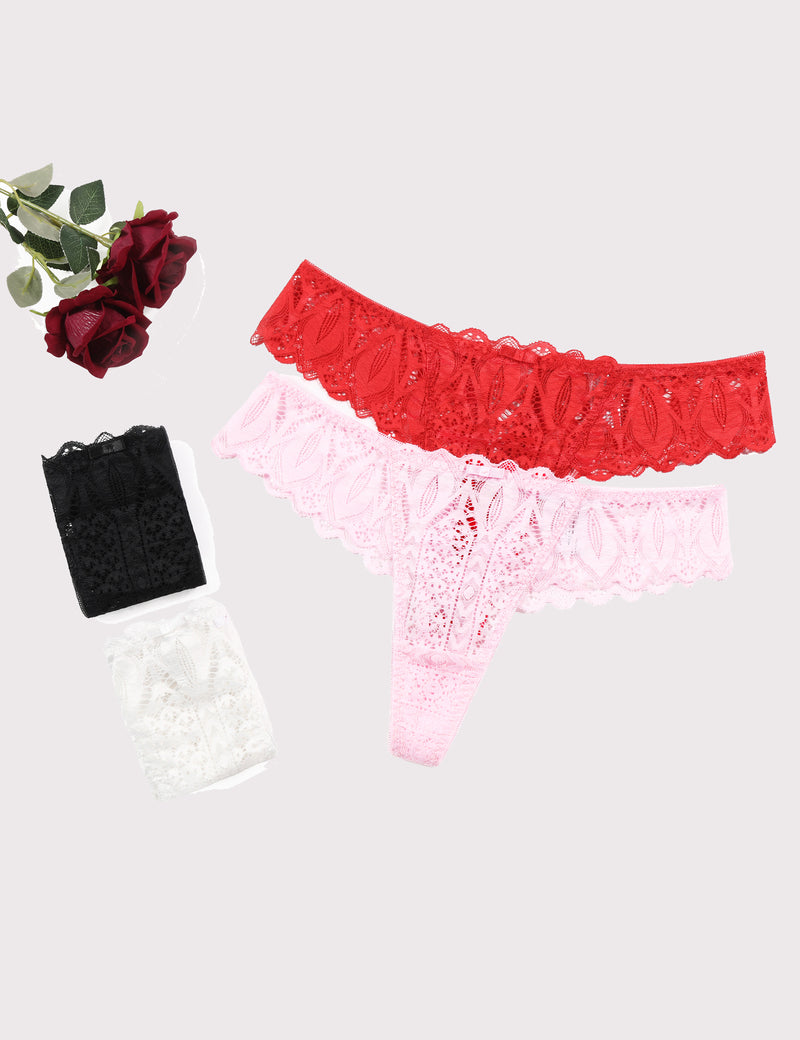 Lace thongs in red, pink, black, and white. Low waist, cross-back design. Sexy lingerie.