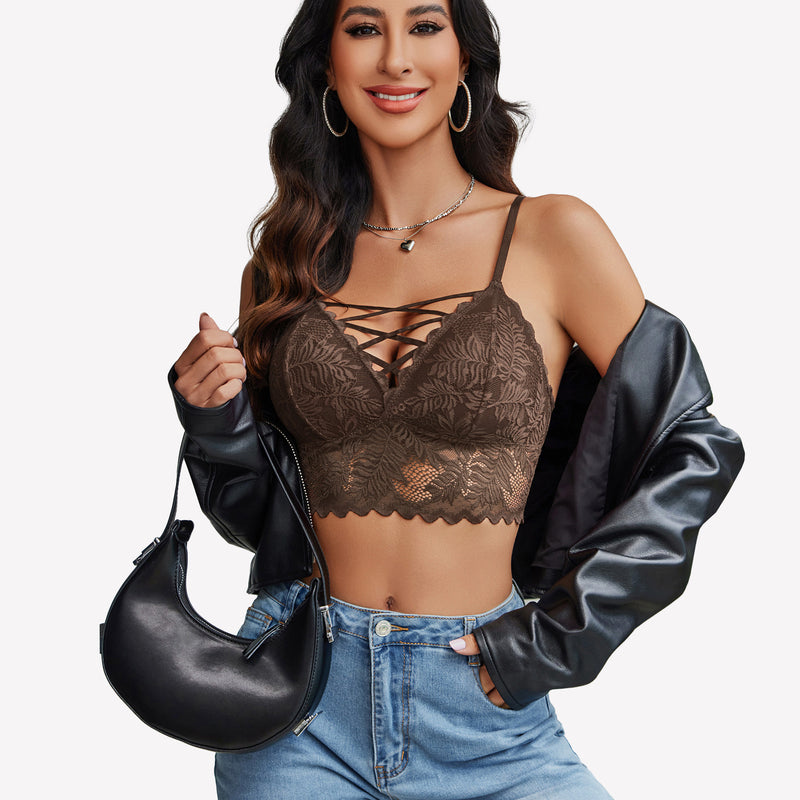 Brown lace Y2K camisole tank top with criss-cross straps and light-wash jeans. Sexy lingerie.