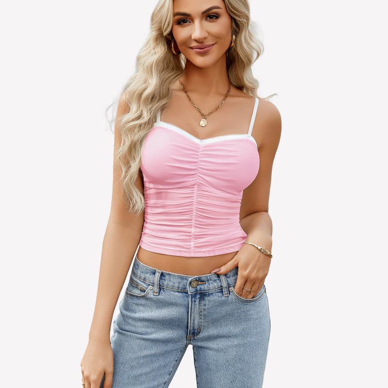 Pink ruched mesh crop top with spaghetti straps, Y2K style, light blue jeans, Avidlove