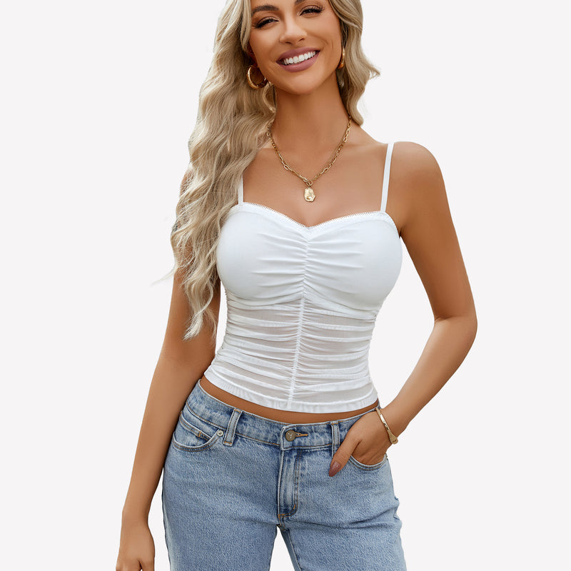 White ruched mesh crop top with spaghetti straps, Y2K style, paired with light blue jeans, Avidlove