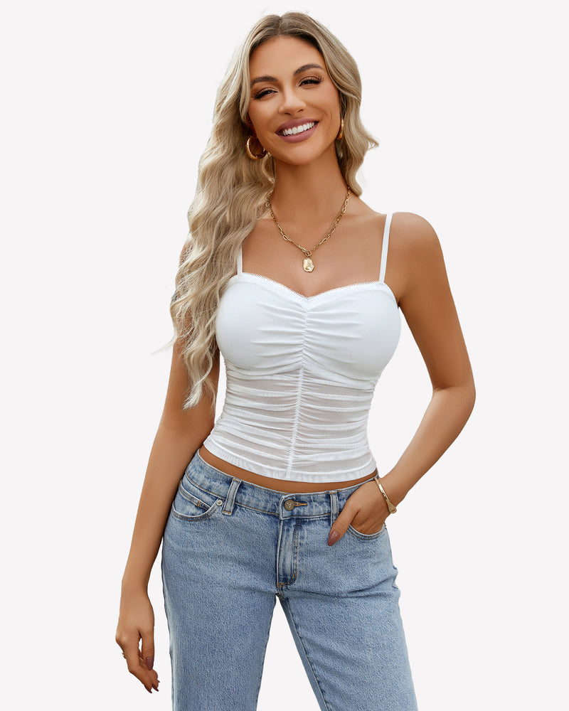 White ruched mesh crop top with spaghetti straps, Y2K style, paired with light blue jeans, Avidlove
