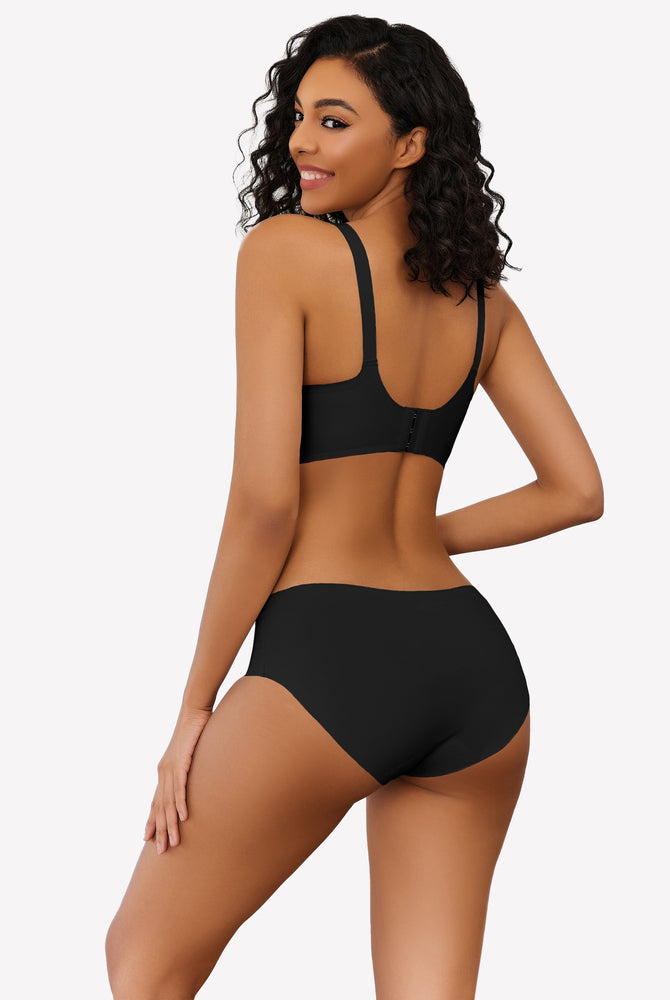 Black wireless push up bra and underwear set, V-neck, full coverage, seamless smoothing