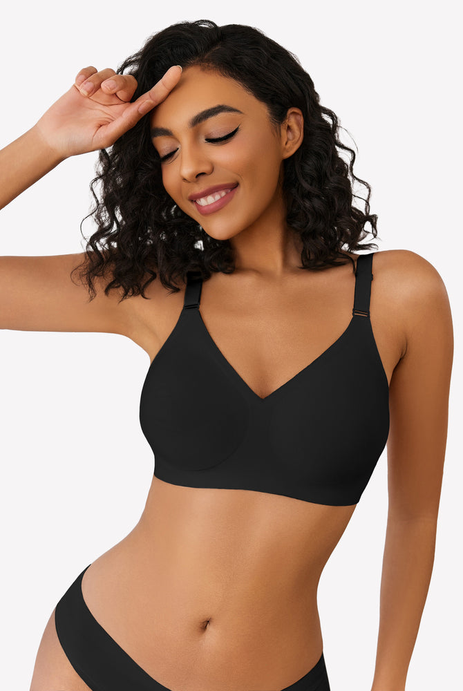 Black wireless push up bra, V-neck, full coverage, seamless smoothing, model smiling
