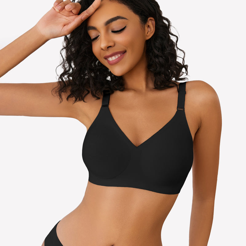 Black wireless push up bra, V-neck, full coverage, seamless smoothing, model smiling
