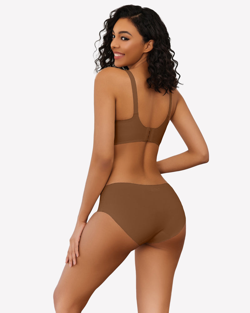Brown wireless push-up bra set, V-neck, full coverage, seamless smoothing