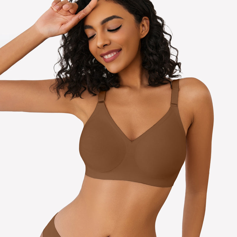 Brown wireless push-up bra with V-neck and seamless design, modeled by a woman